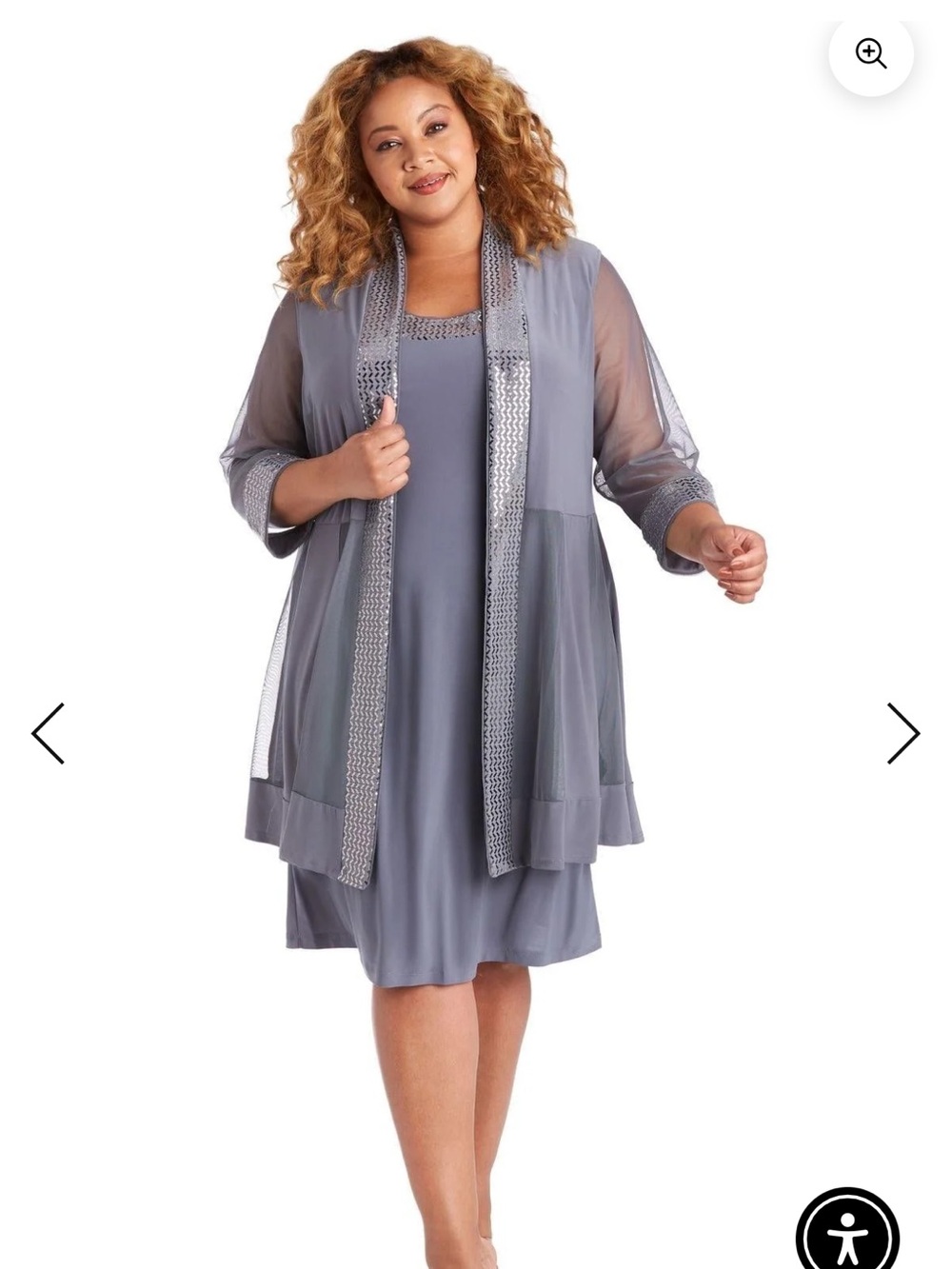 R&M Richards Sequined Sheer Panel Open Front Grey Silver Formal Guest Jacket 16